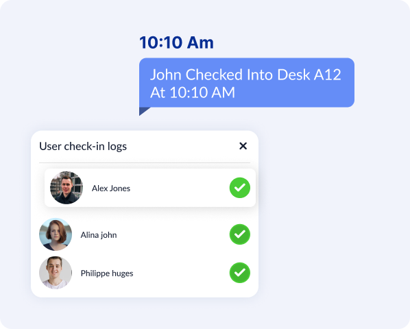 Team check-in list capturing real-time workspace usage