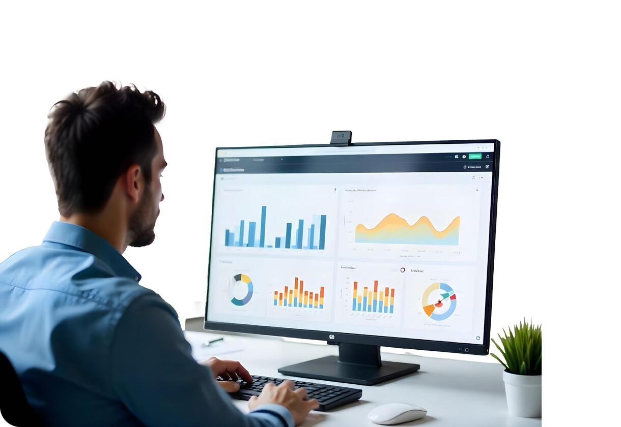 Analyst reading workplace attendance and occupancy charts on a desktop monitor