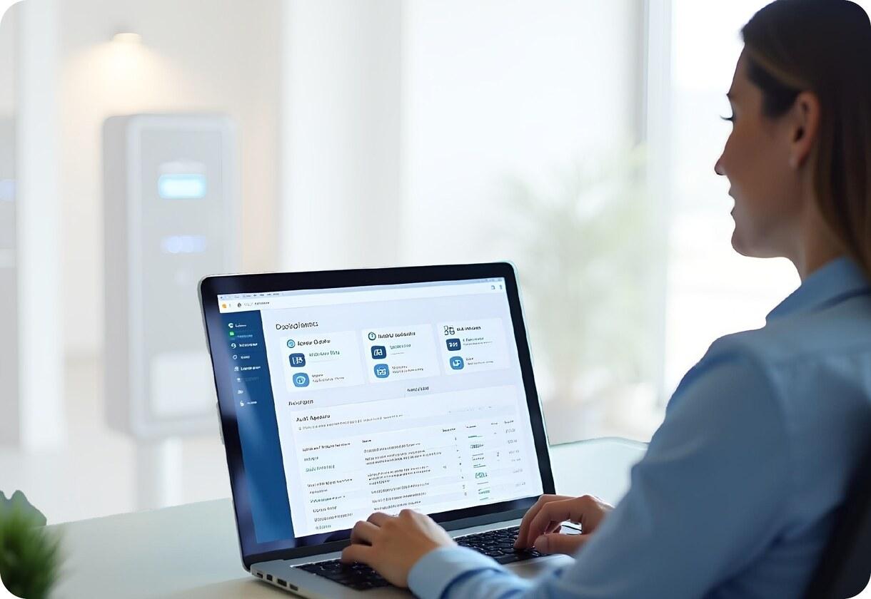 Compliance officer reading an access-policy and audit report dashboard on a laptop in an office