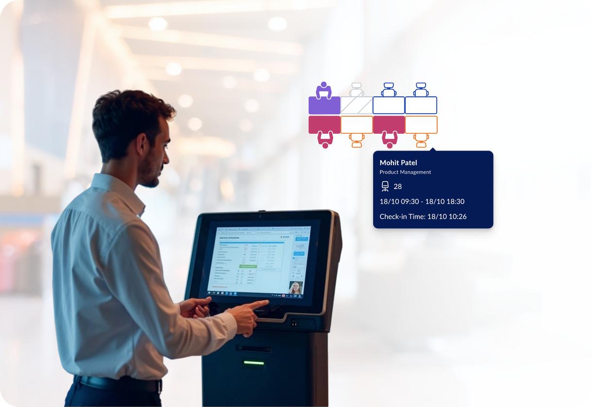 Employee checking in at a self-service kiosk beside a desk map and a booking card listing his shift and check-in time