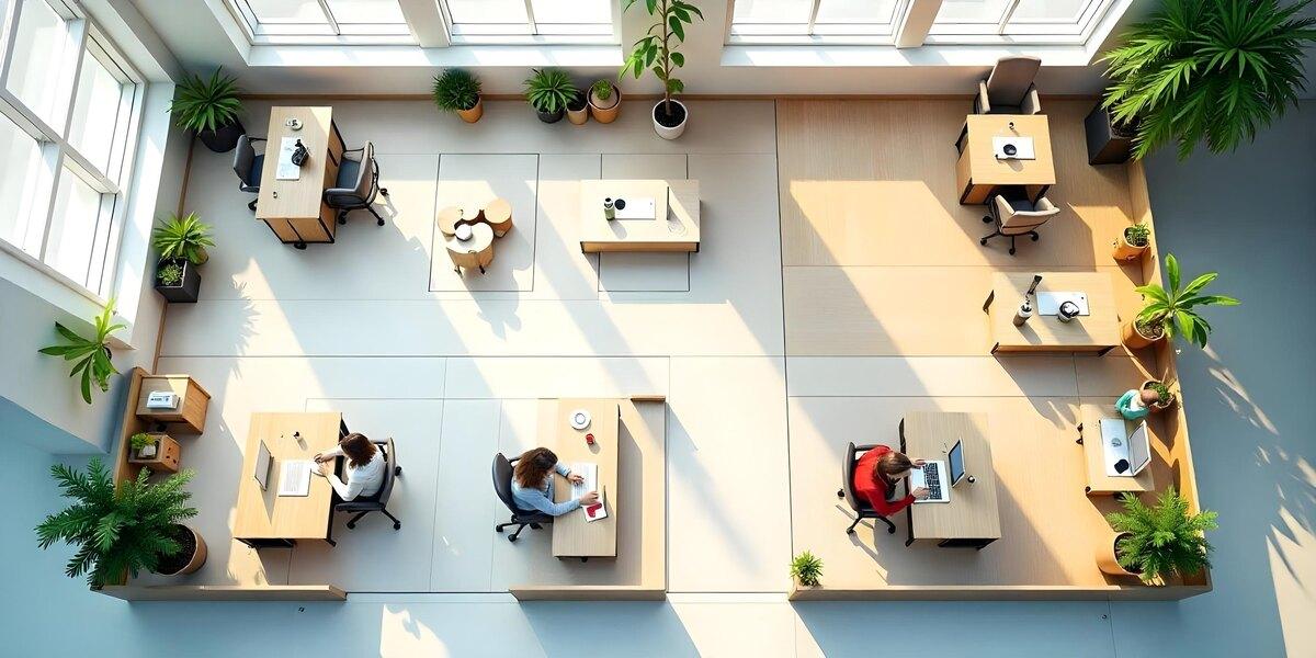 Overhead view of a desk neighbourhood with two people working