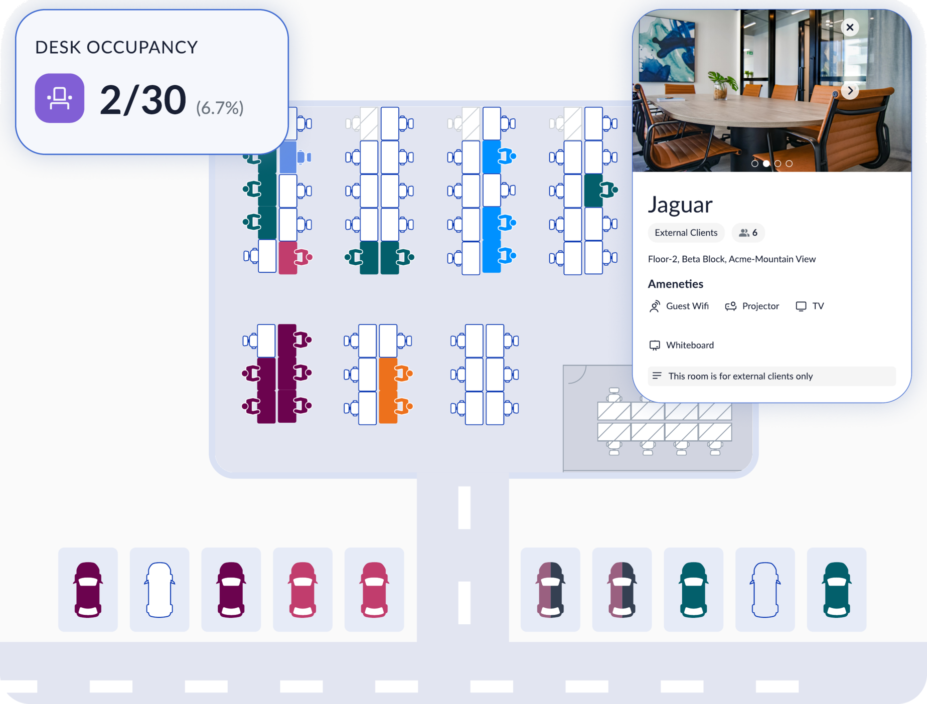 A WorkInSync floor plan showing desk occupancy at 2 of 30, a booked meeting room and the parking grid beneath it