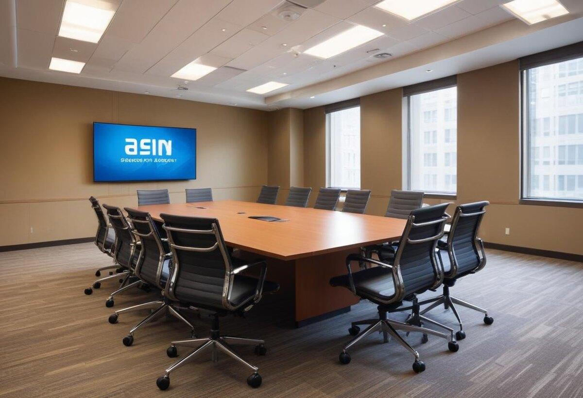 A boardroom with the WorkInSync room display on the wall screen
