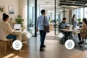 Transition from remote work to hybrid workplace, showing employees working from home and collaborating in a modern office environment after the pandemic.”