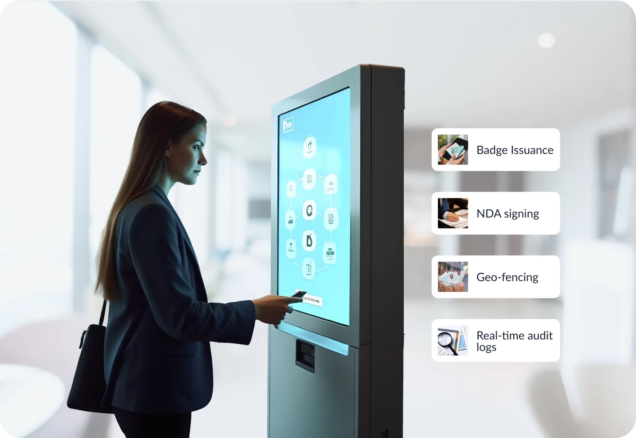 A visitor signing in at a lobby kiosk beside badge issuance, NDA signing, geo-fencing and audit log cards