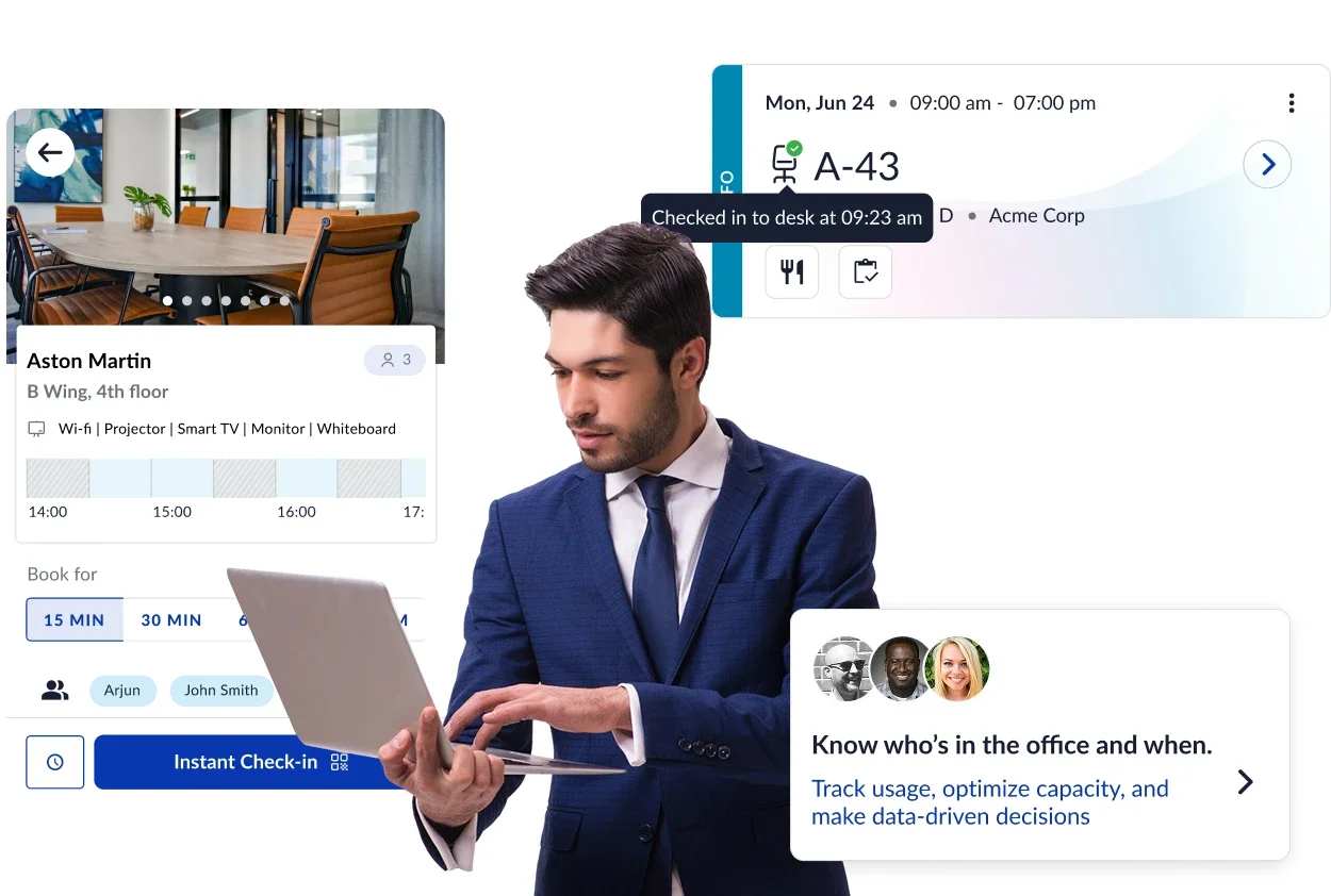 A banker checking in to a booked desk from the WorkInSync app