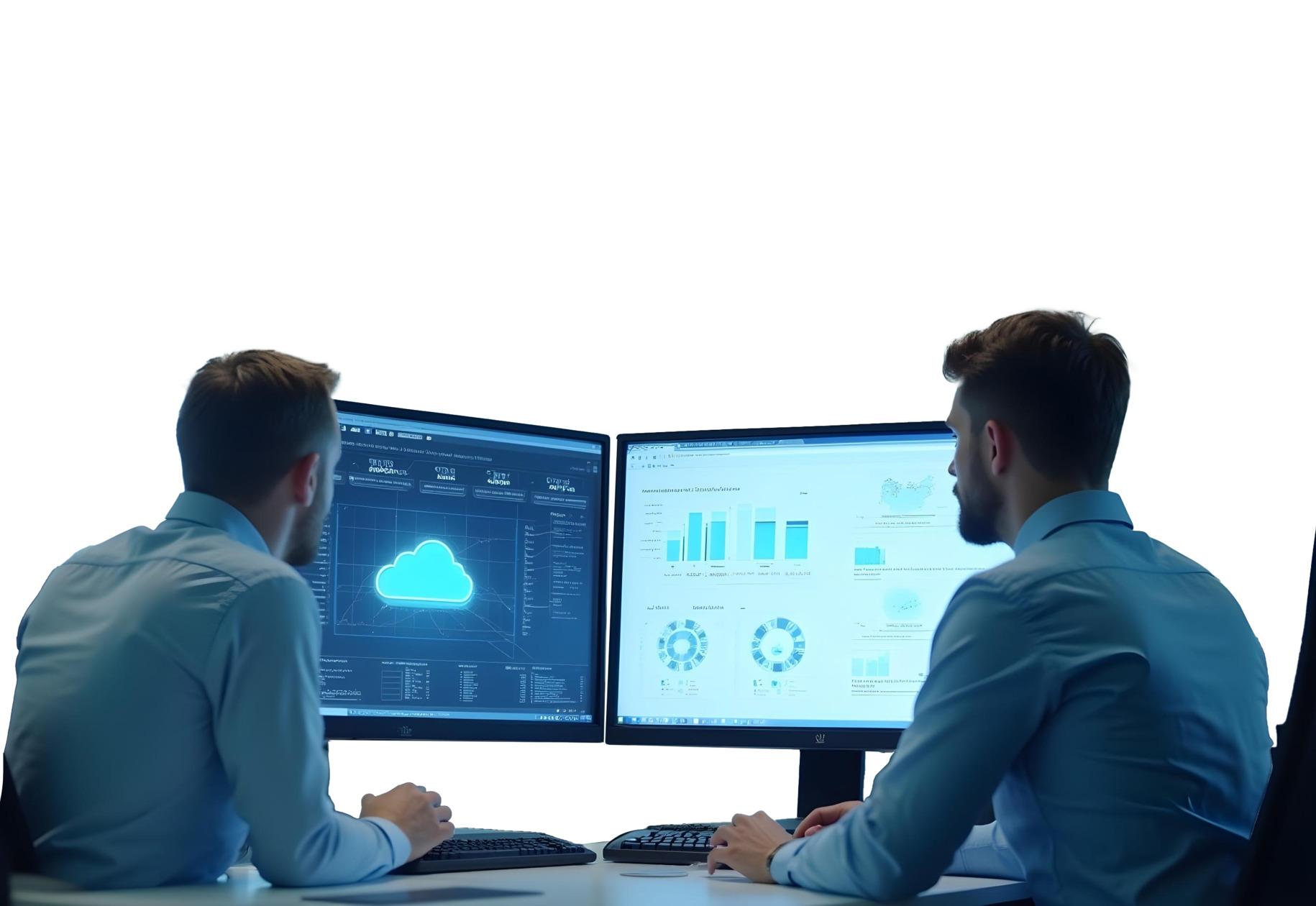 Two IT colleagues at twin monitors showing a cloud deployment panel and workplace usage charts