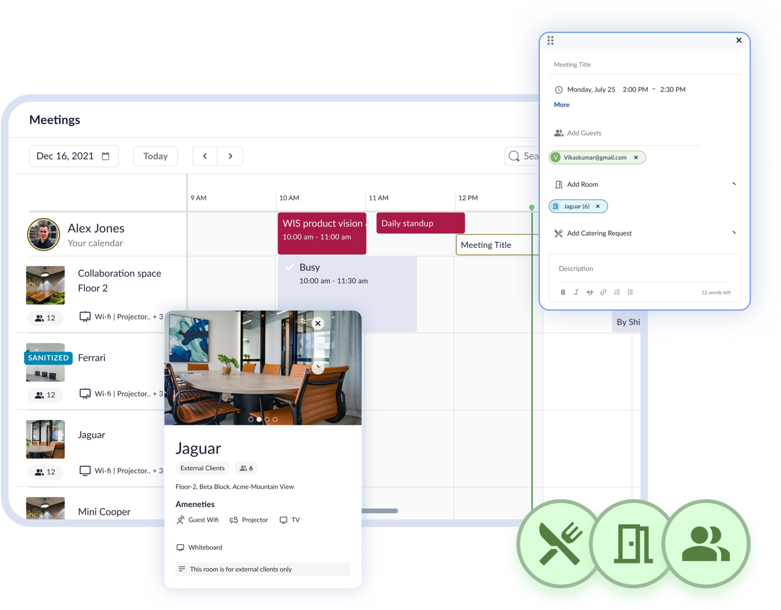 Meeting room booking in WorkInSync: a day calendar of rooms beside a booking panel