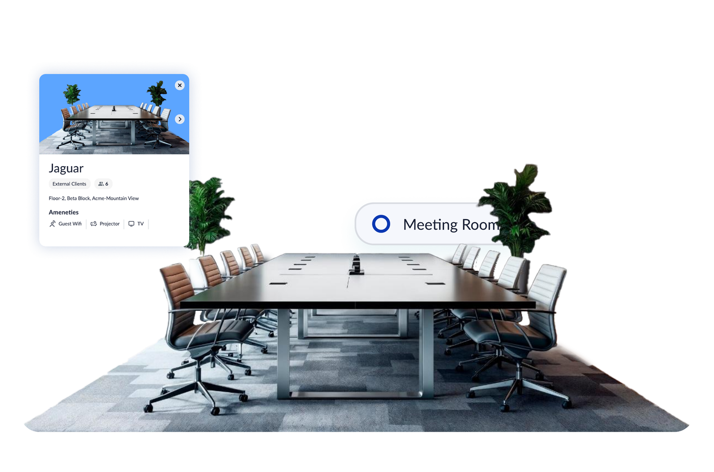 A room detail card floating over a boardroom render