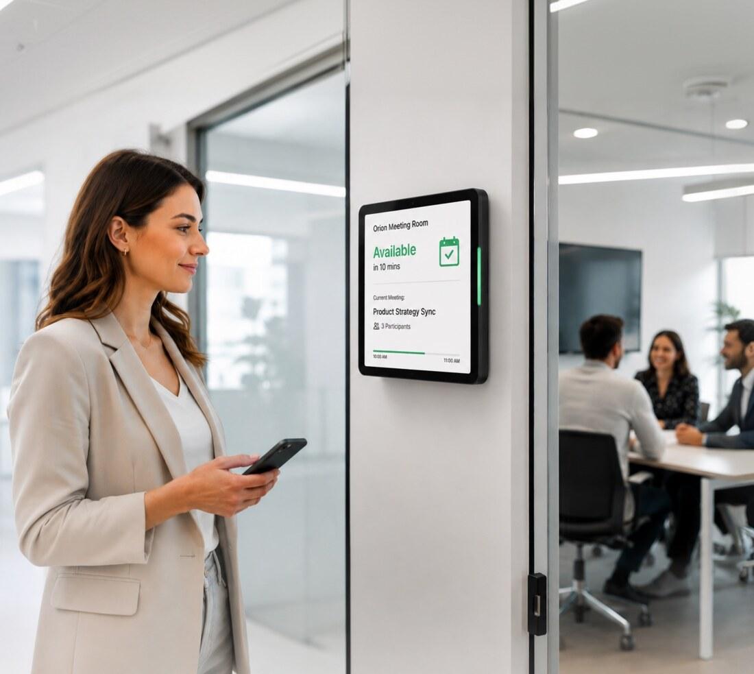 An employee checking a room display outside a glass-walled meeting room