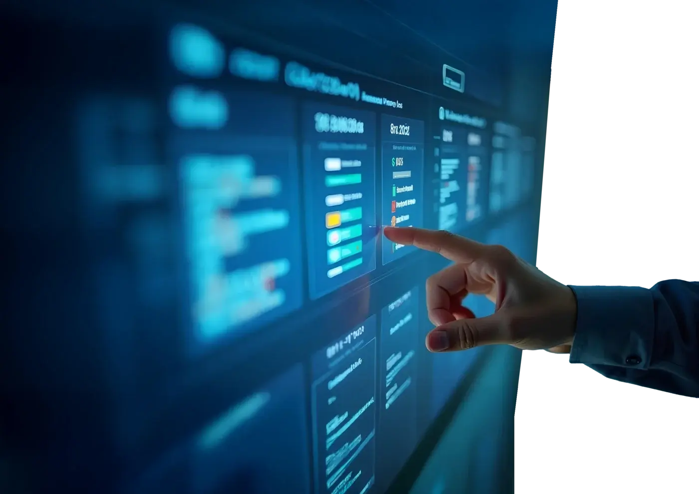 Wall-mounted compliance dashboard with a hand selecting an access record