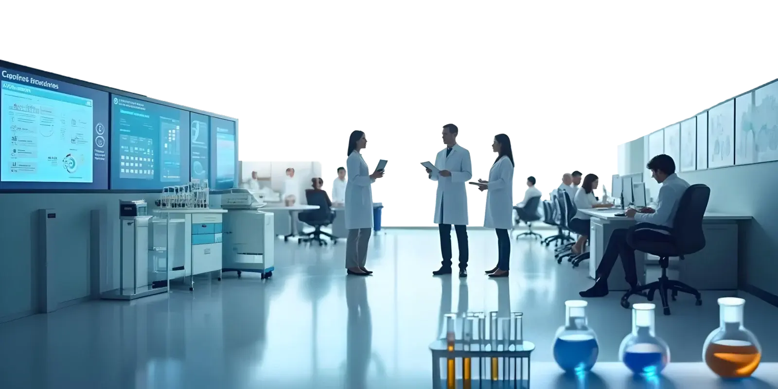Pharmaceutical research floor where lab staff review workstation screens beside sample flasks