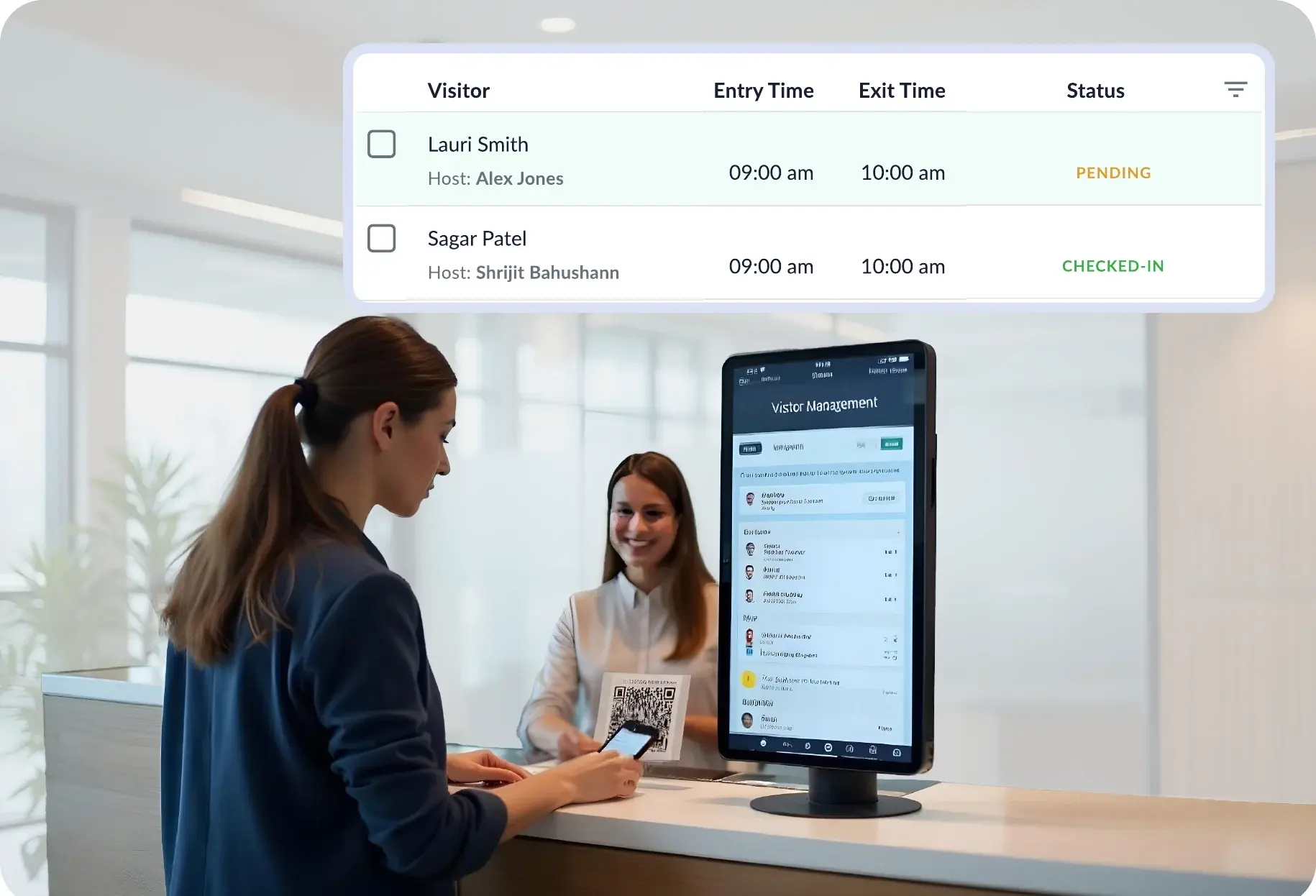 Reception check-in with a WorkInSync visitor log listing entry times, exit times and status