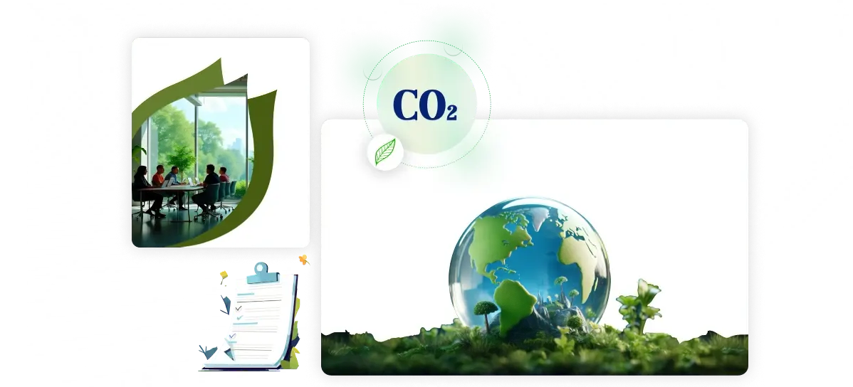 A carbon dioxide badge and a green globe beside a meeting room framed in a leaf