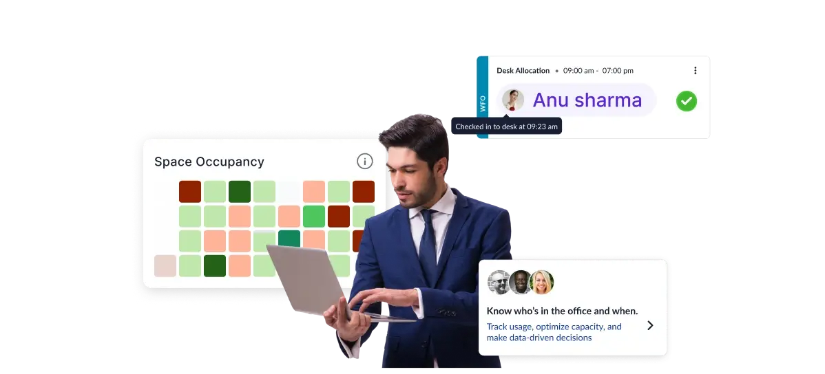 A workplace manager reviewing a space occupancy grid and a desk check-in card