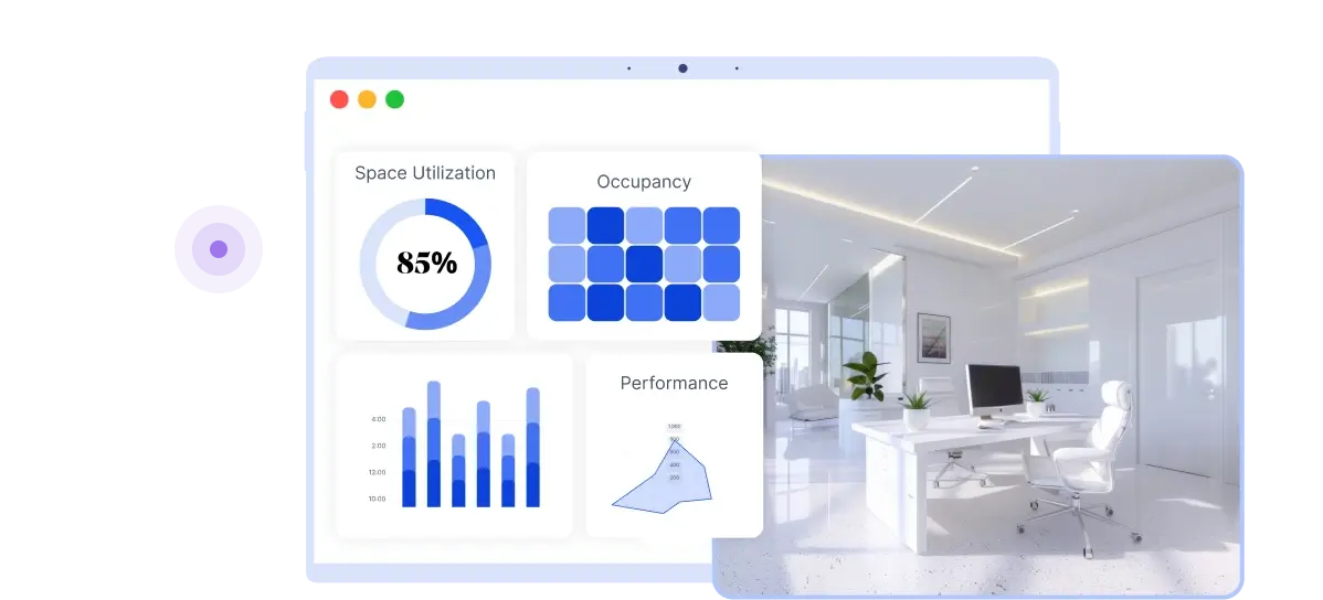 A space utilisation dashboard showing 85 percent occupancy beside a photograph of an open office