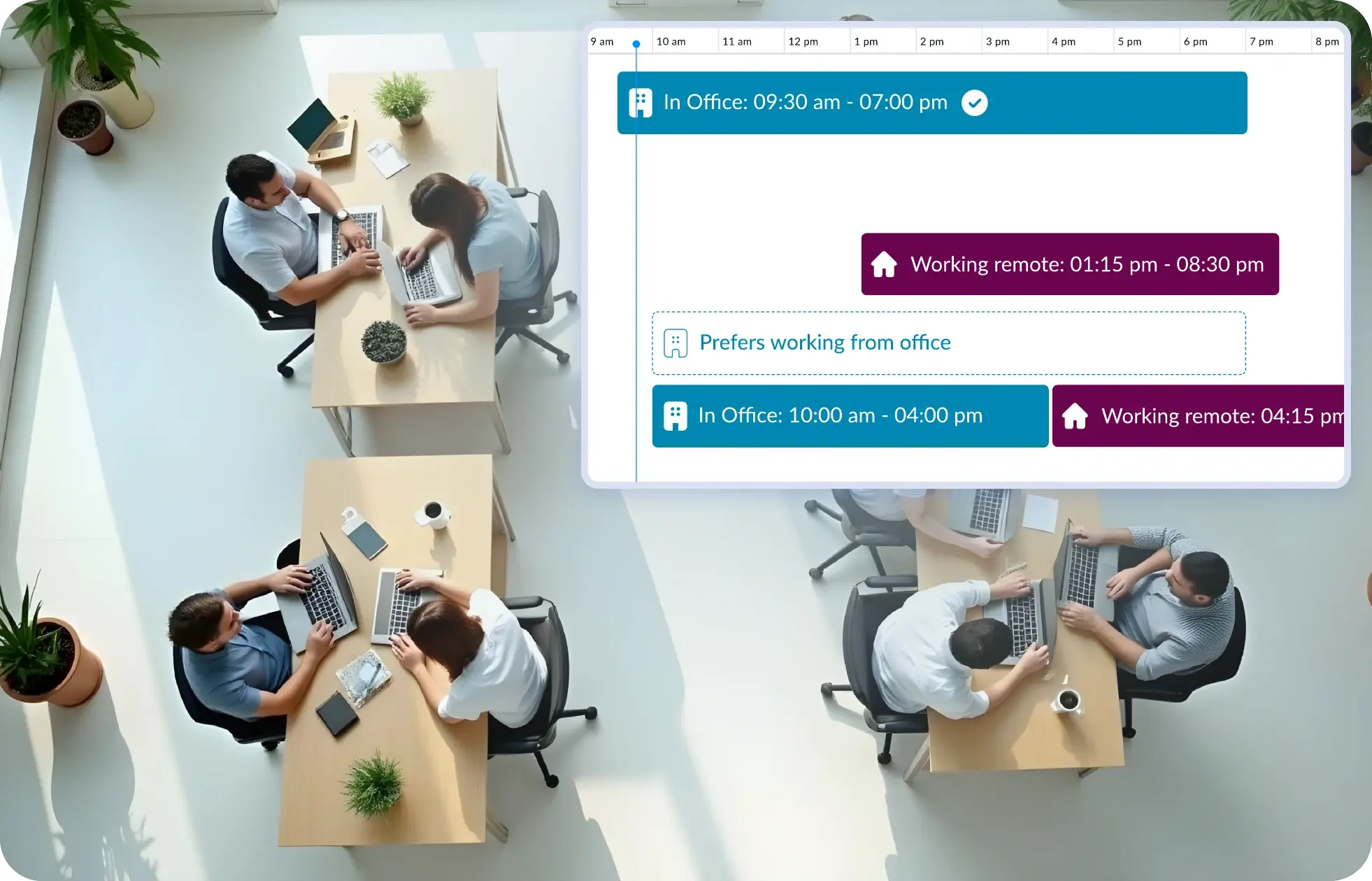 An office floor of shared desks beside a WorkInSync day view of who is in the office and who is remote