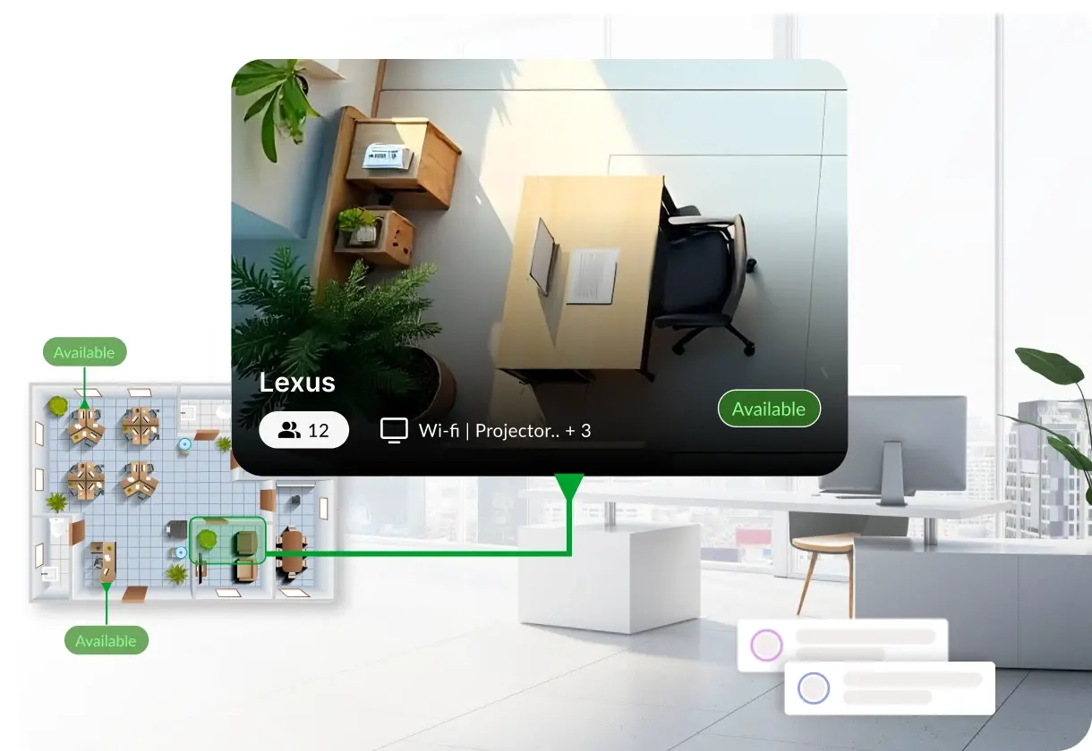 An interactive floor plan marking free rooms beside a meeting room card showing its capacity and amenities