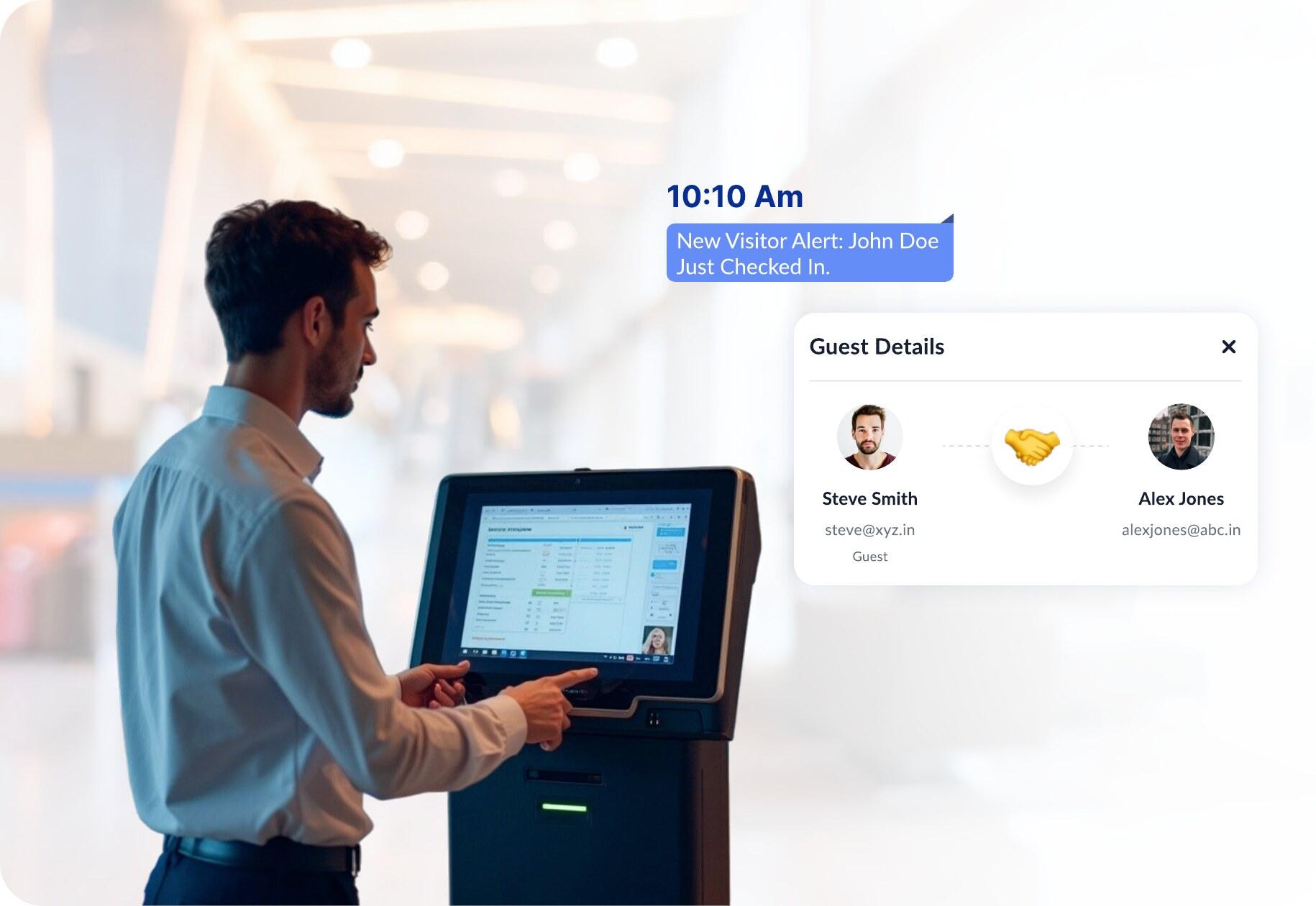 A visitor checking in at a WorkInSync self check-in kiosk beside a guest details card
