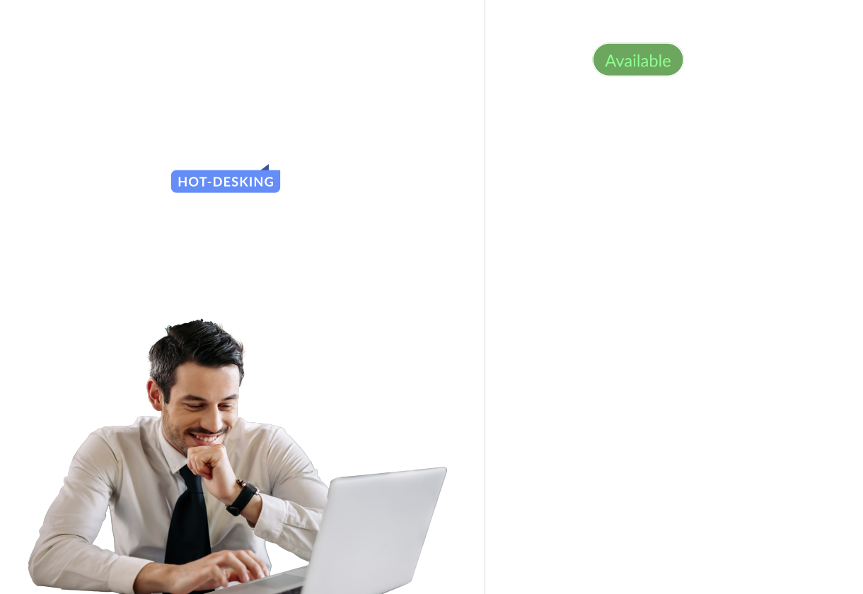 An employee at a hot desk, with the desk marked available in WorkInSync