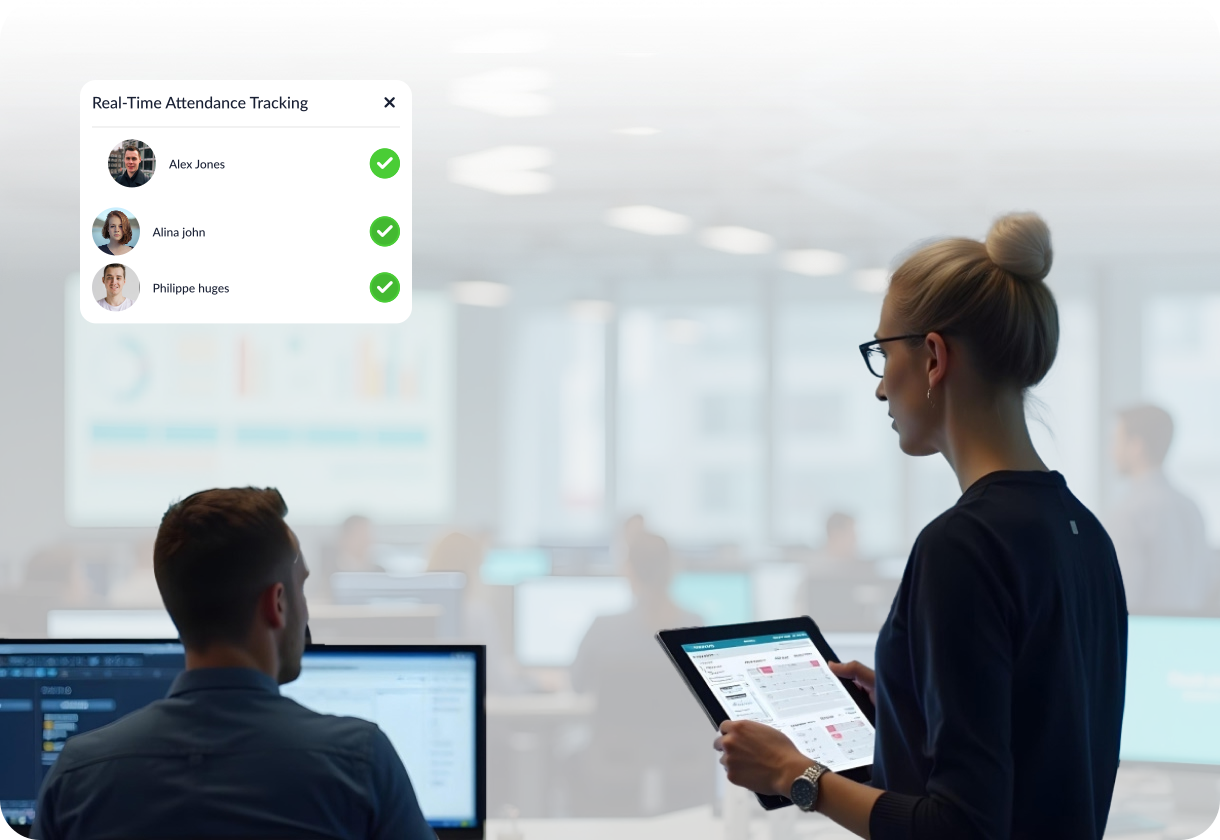 An office floor with the WorkInSync real-time attendance panel listing who is in today