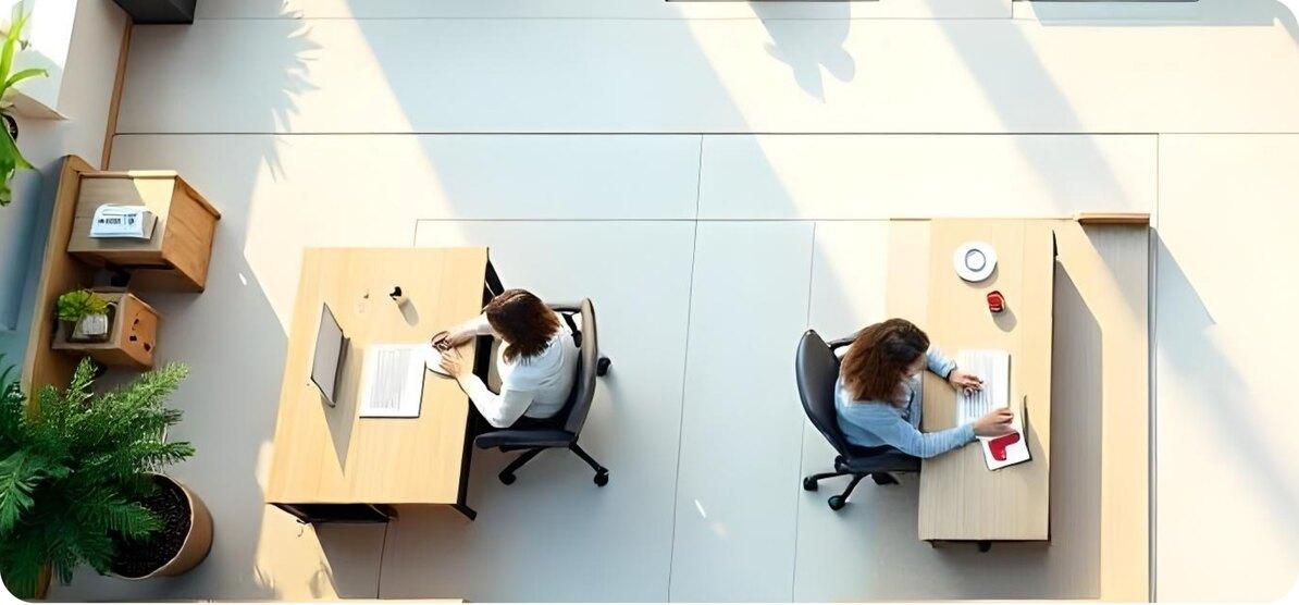 Two colleagues working at desks in a shared office bay, seen from above