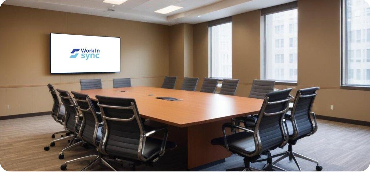 Boardroom with a long table and a wall screen showing the WorkInSync logo