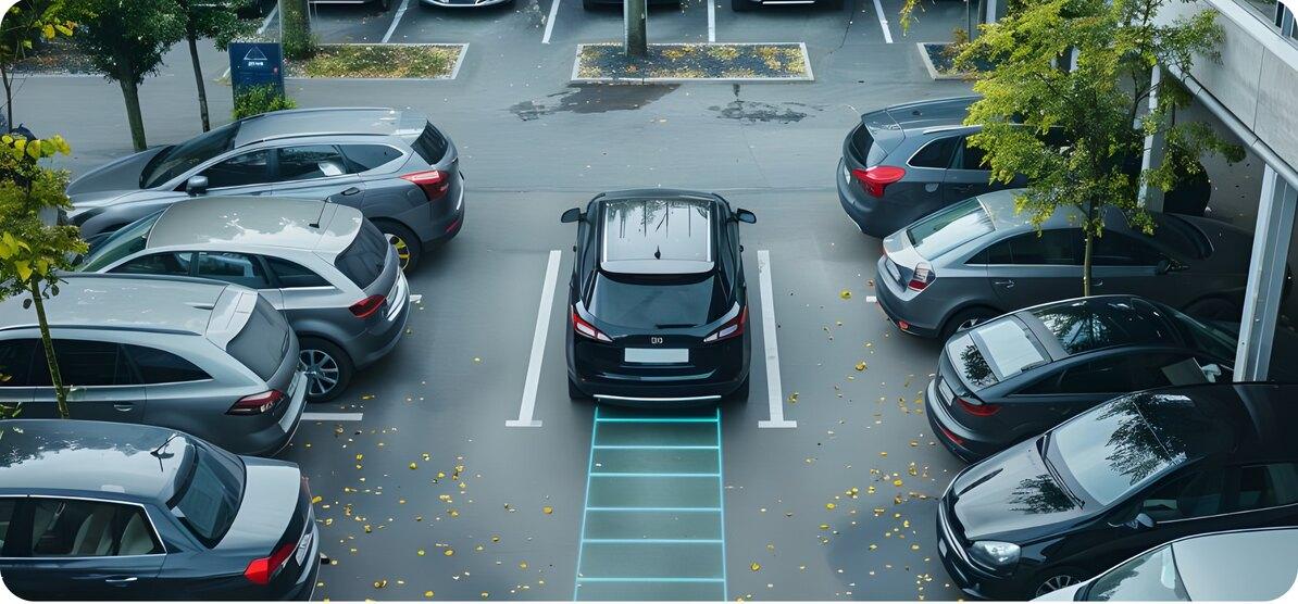 Office car park with one bay highlighted as free between parked cars