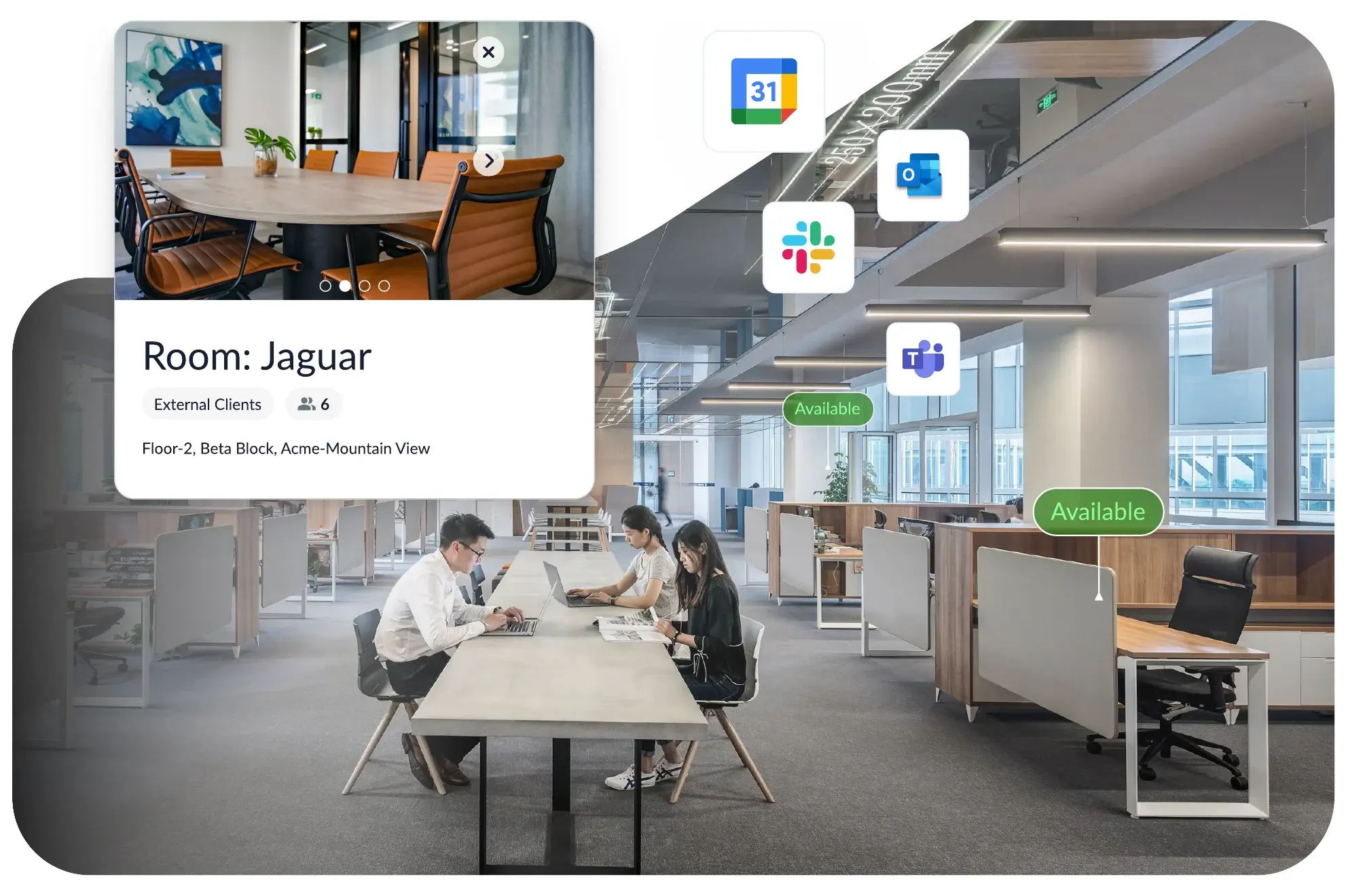 A meeting room card over an open office floor, with Google Calendar, Outlook, Slack and Teams tiles and live desk availability