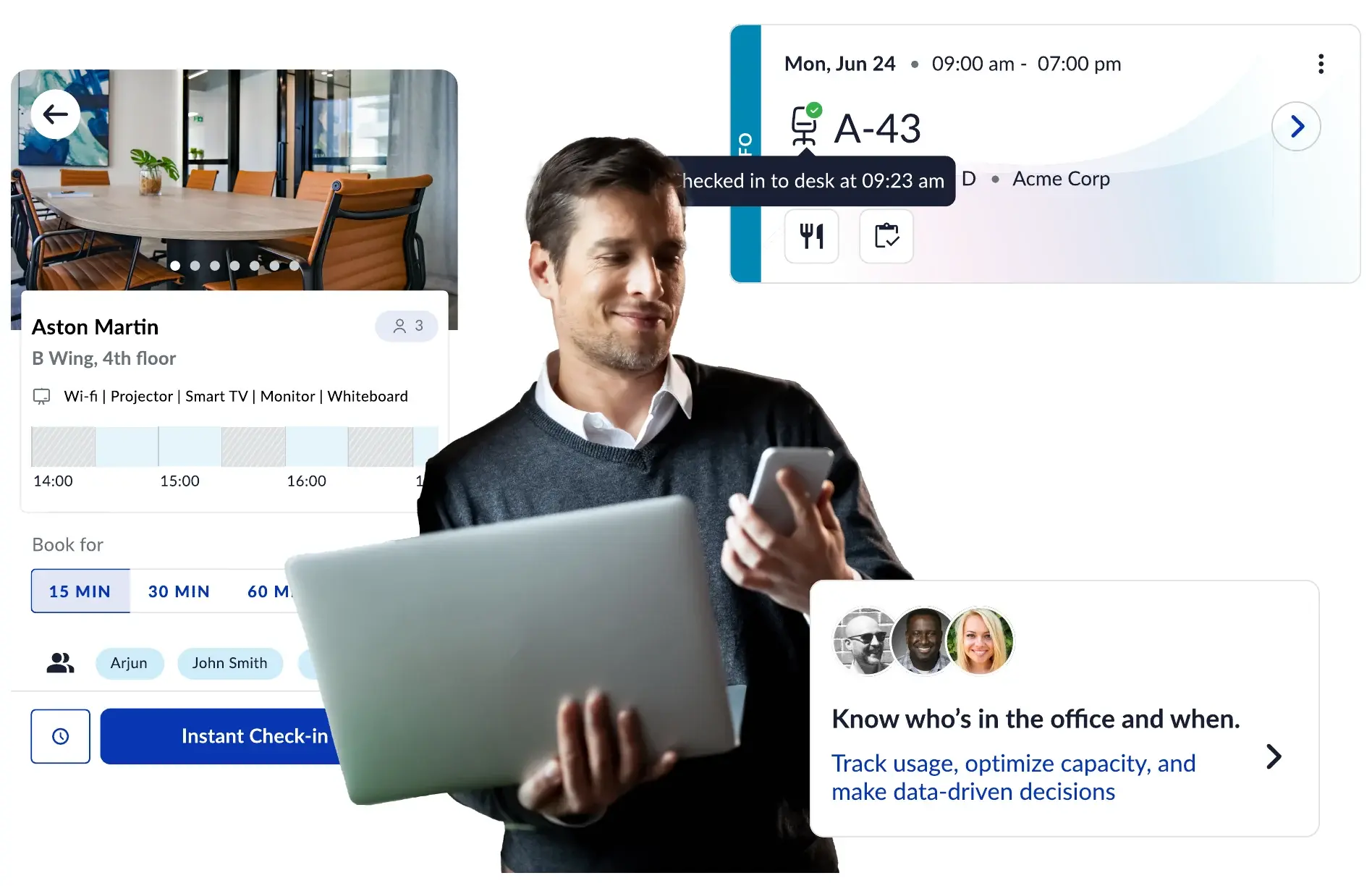An employee checking in to desk A-43 beside a meeting room booking panel and a live office presence card