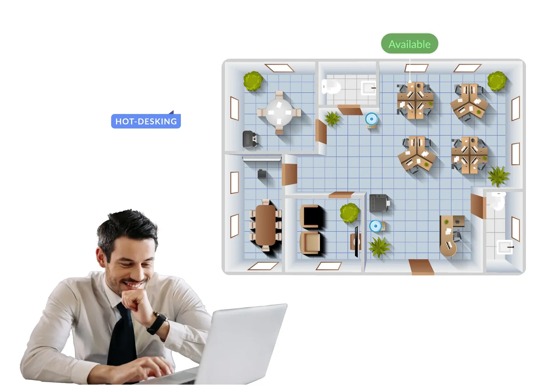 A hot-desking floor plan with live availability above an employee working at a laptop