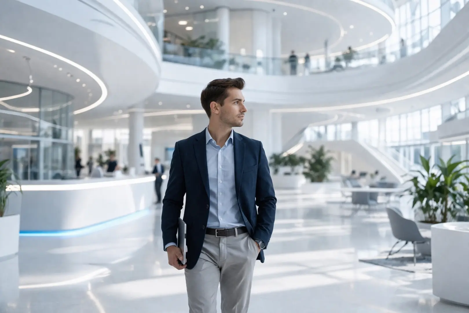 Professional walking through a spacious, light-filled office lobby.
