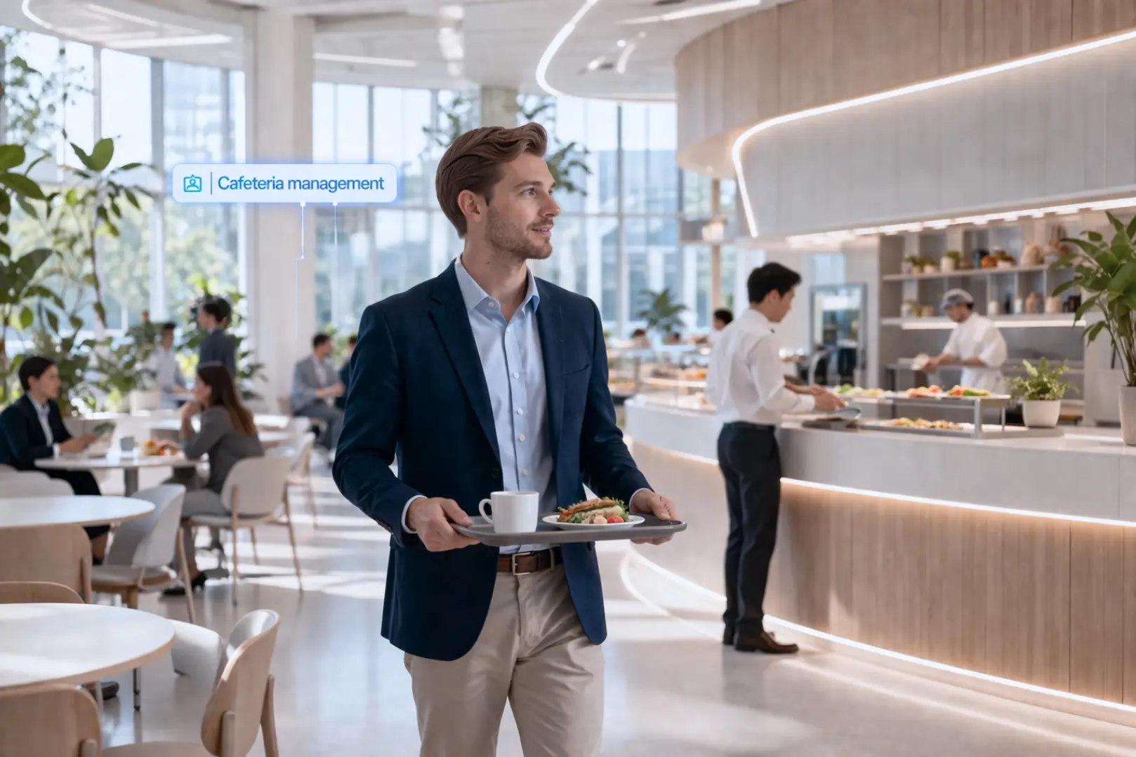 Employee holding a tablet in a modern office cafeteria.