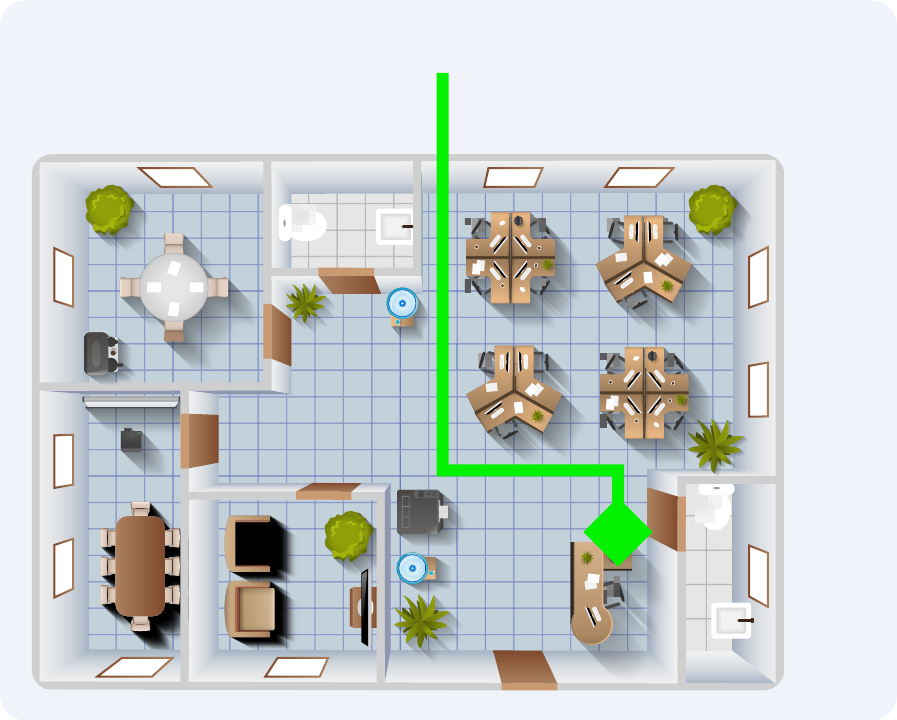 An interactive floor plan routing an employee to the desk they booked