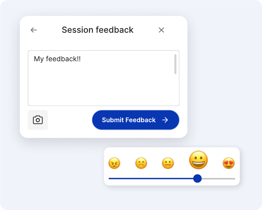 An employee submitting session feedback and rating it on a five-face scale
