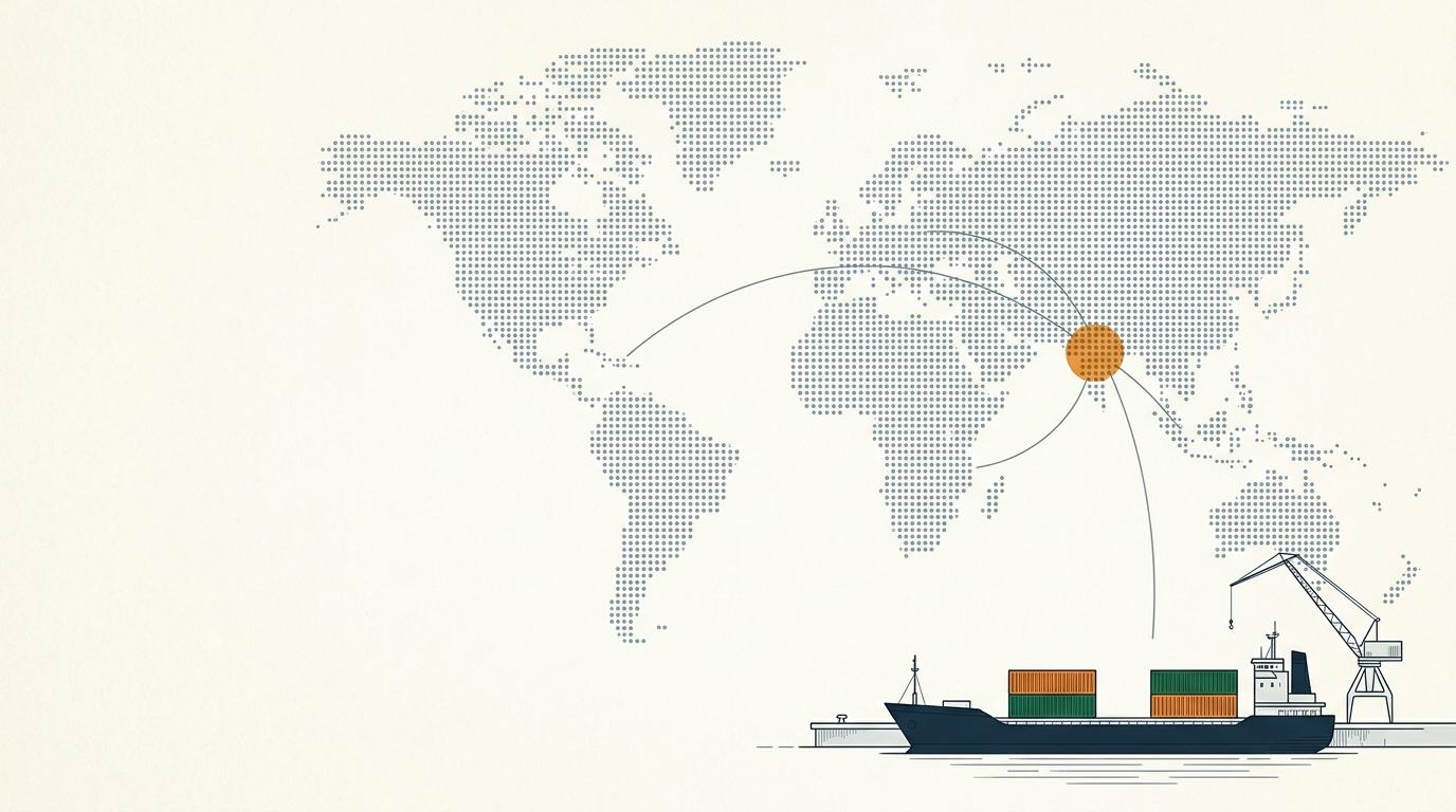 Illustration of a cargo ship and port against a faint world map