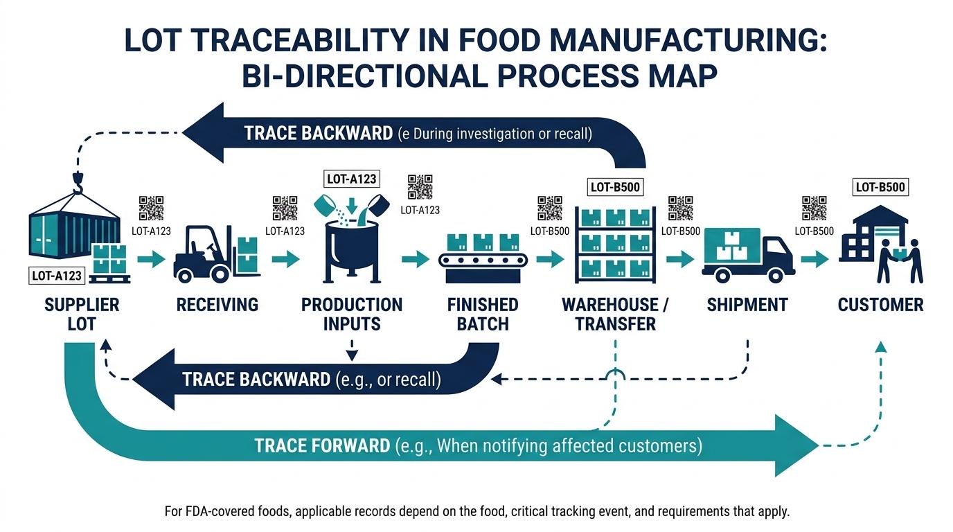 Bi-directional lot traceability connects supplier inputs to production batches, finished products, shipments, and customers.