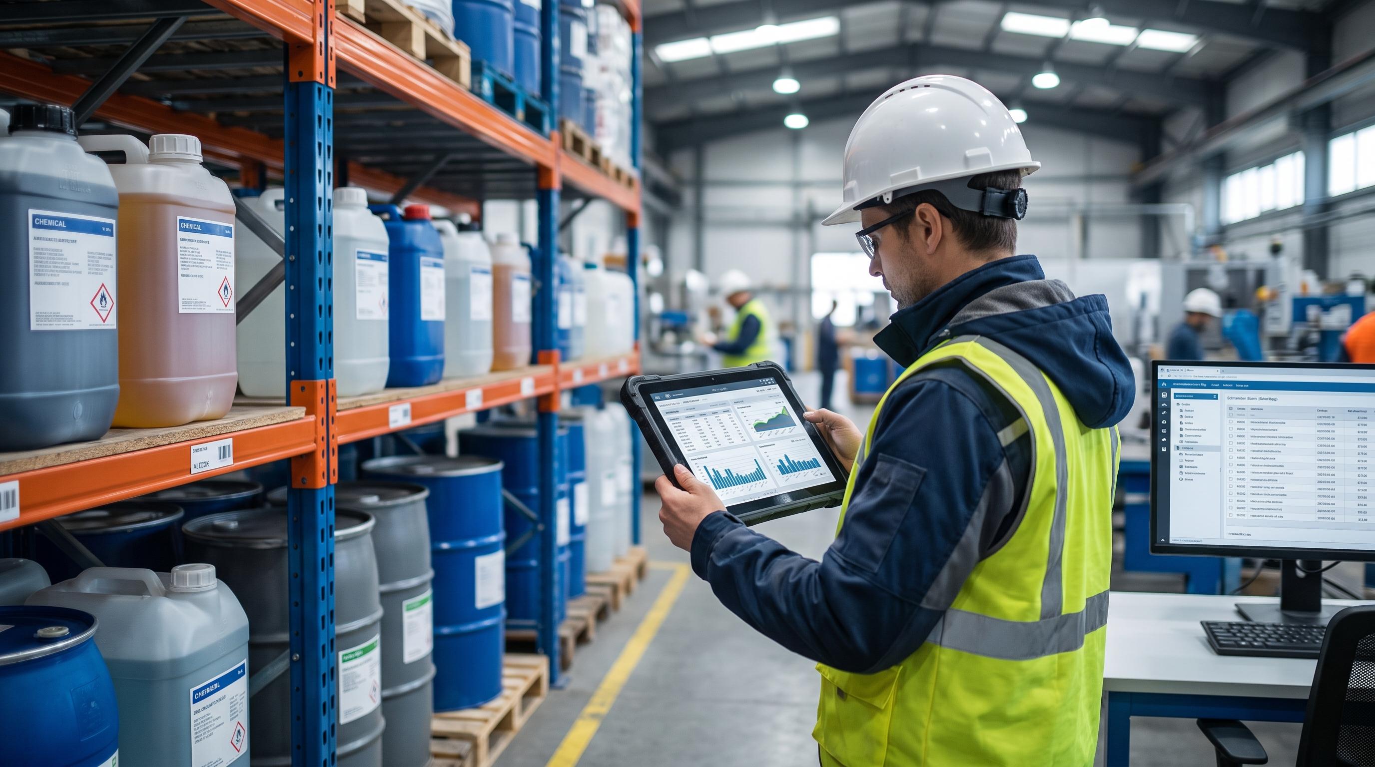 Chemical plant compliance lead reviewing inventory traceability and reporting records in an industrial setting