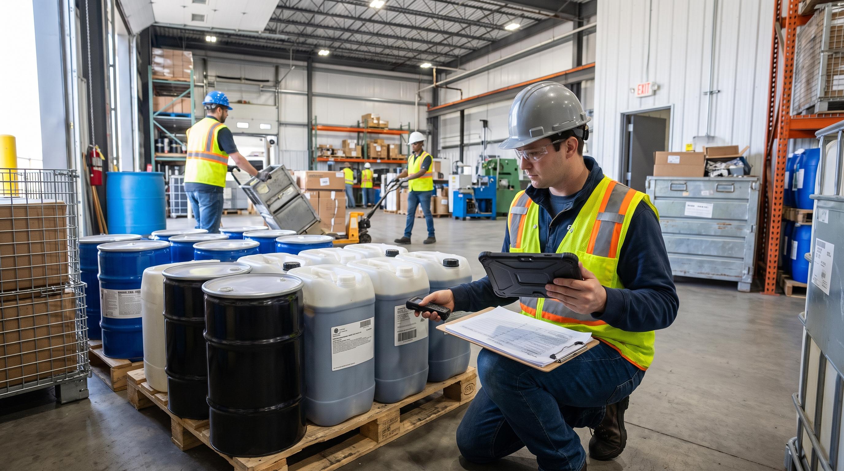 Chemical receiving team member reviewing supplier SDS information beside labeled containers in a plant receiving area