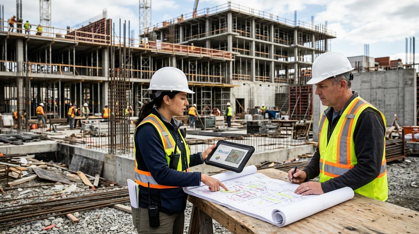 A project manager and site superintendent review marked-up plans at an active construction site.