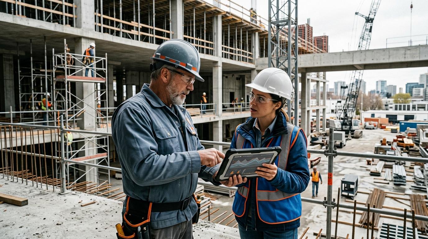 A construction superintendent and project controller review early cost trends at an active job site