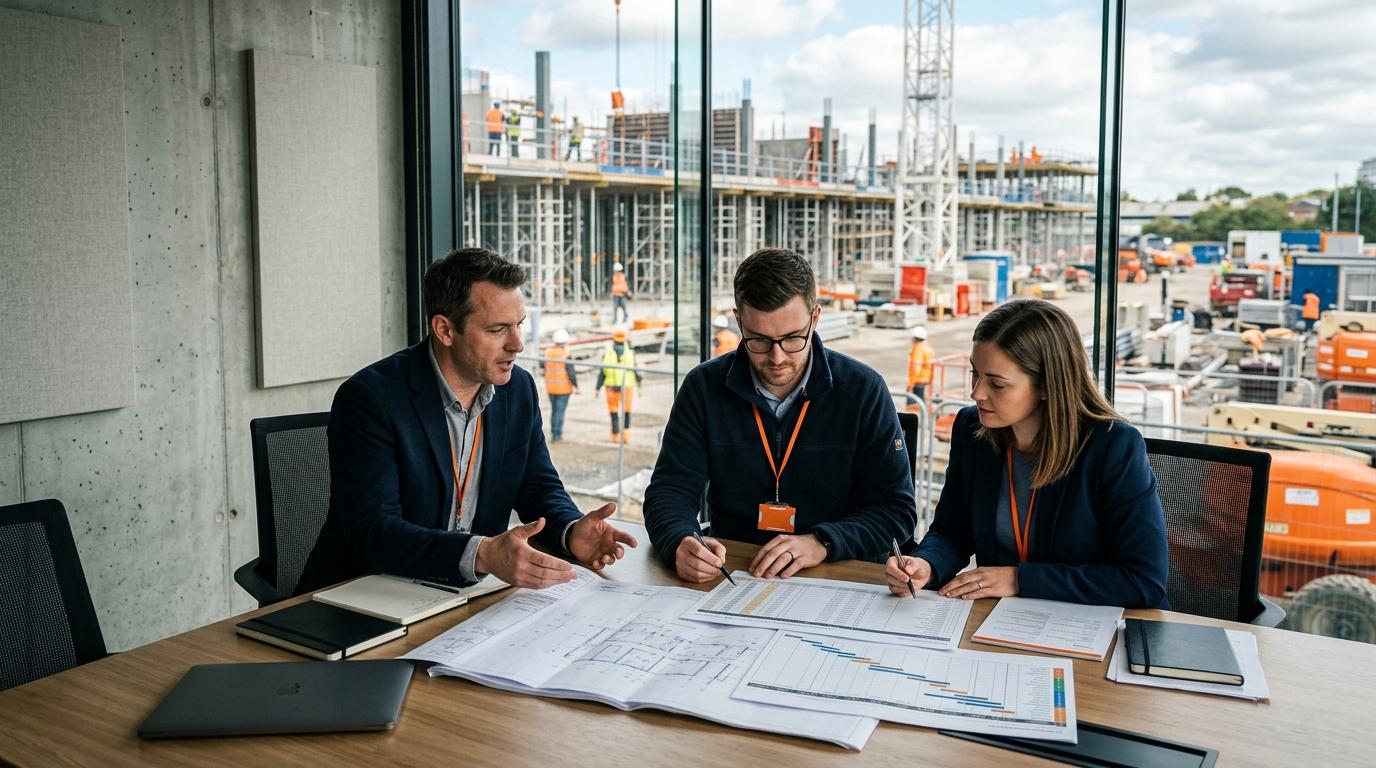 A construction project manager and finance team review plans, cost codes and schedule together