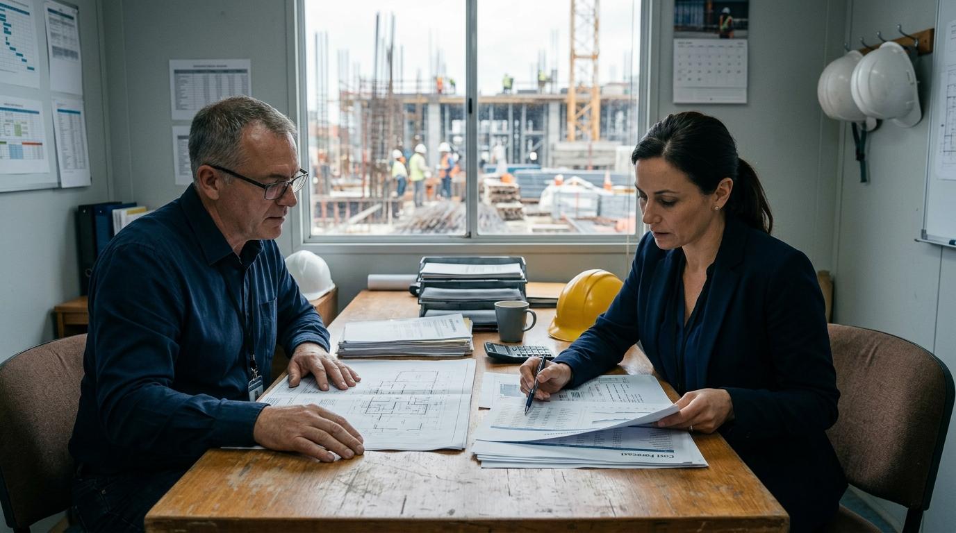 A construction finance controller and project executive review project costs and plans in a site office.