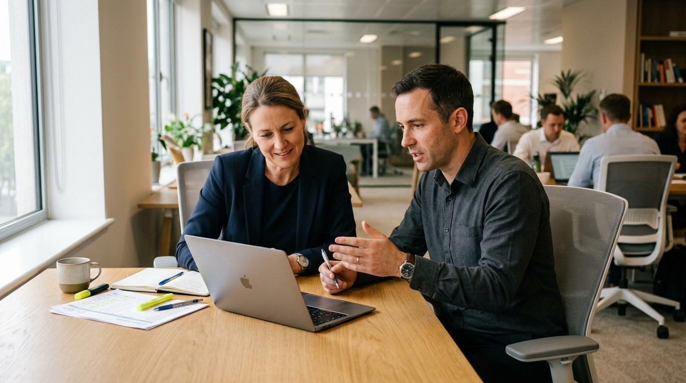 Finance director and delivery manager reviewing project costs on a laptop