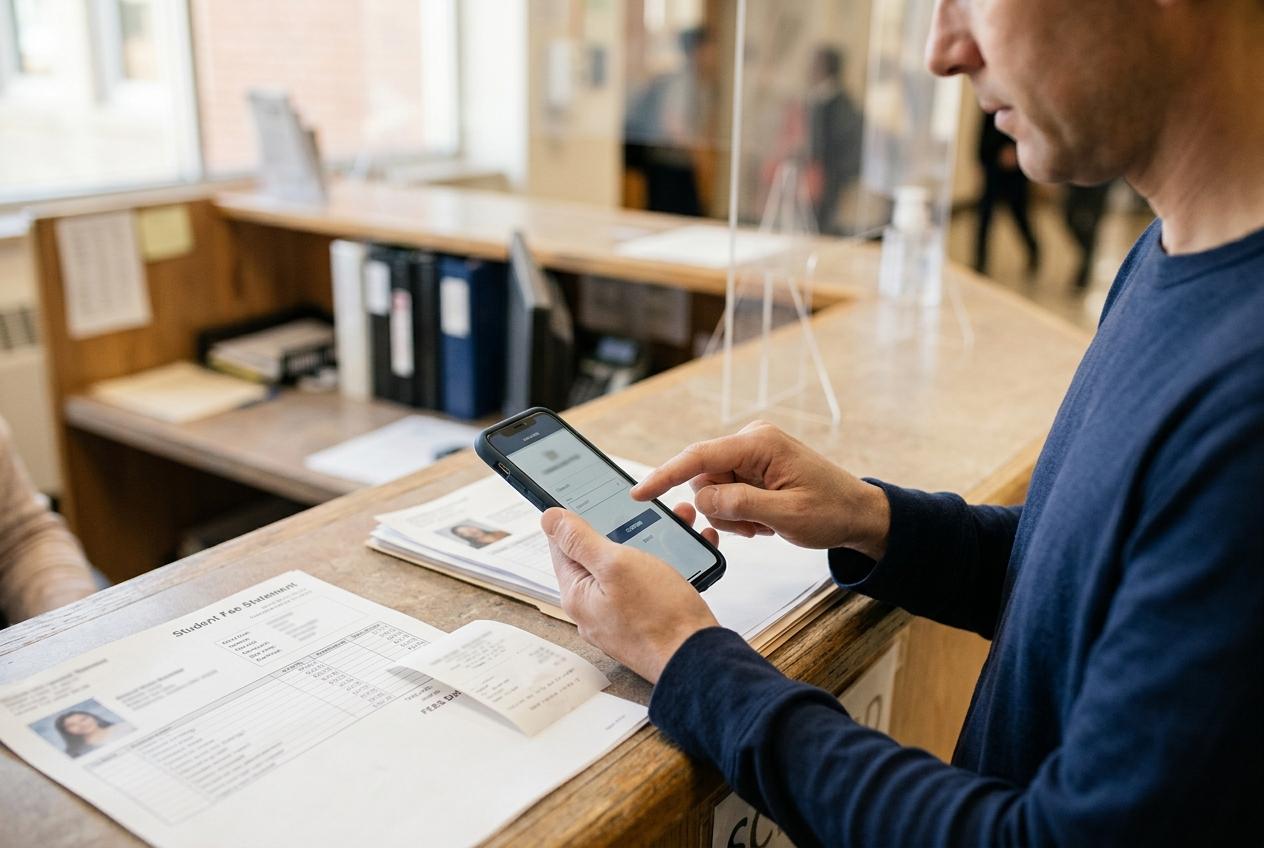 Parent completing a school tuition payment by smartphone next to a student fee statement and receipt
