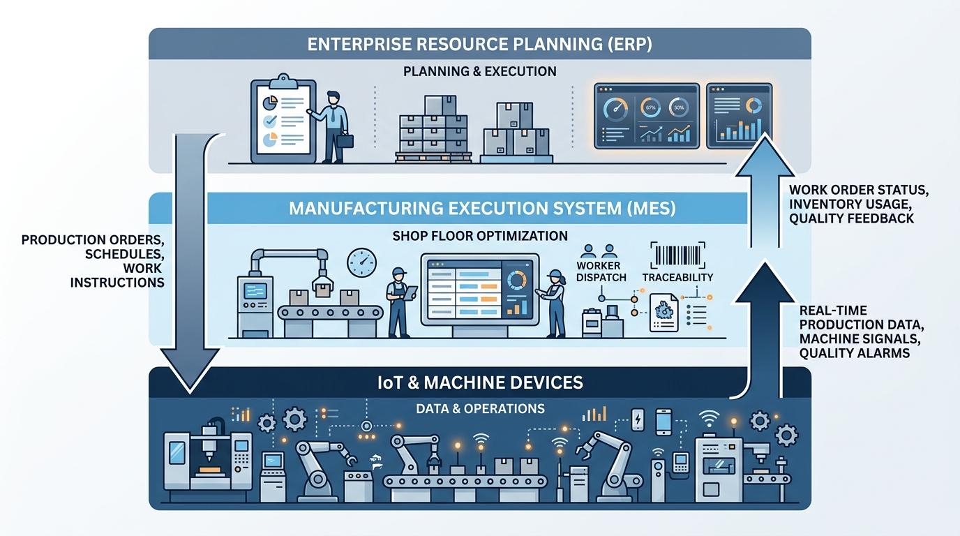 Architecture diagram showing ERP, MES, and IoT layers in a connected manufacturing system