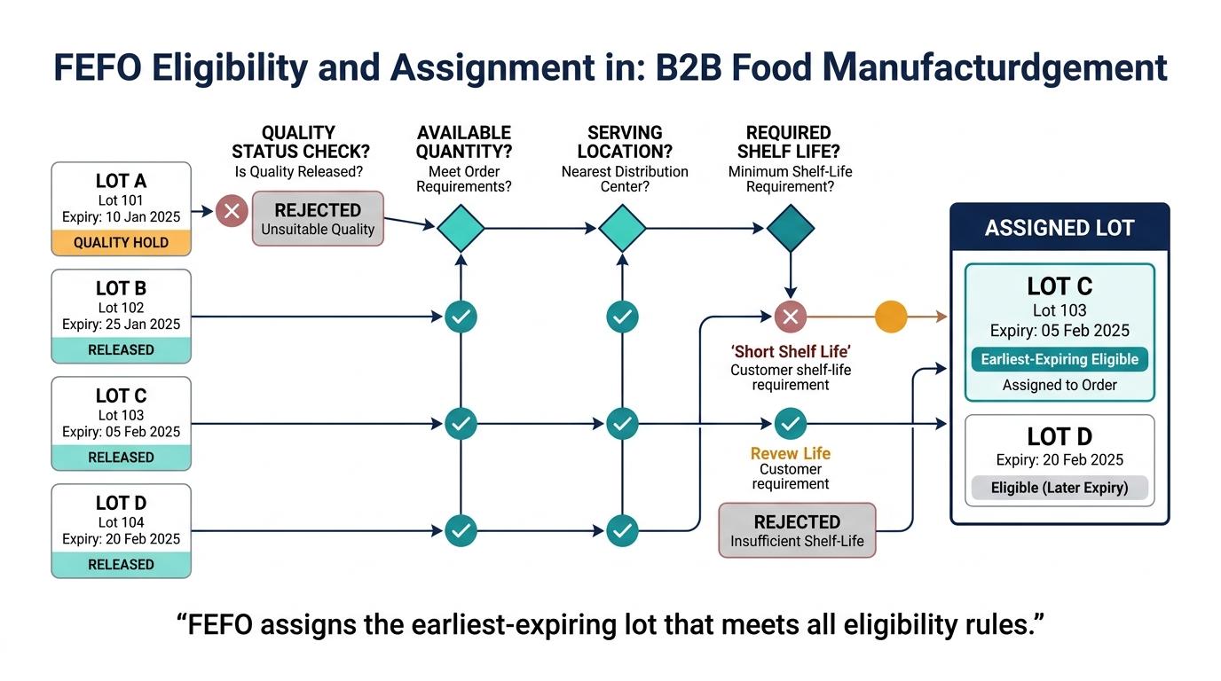 FEFO flow filters inventory lots by quality status, availability, location, and required shelf life before assigning the earliest eligible lot.