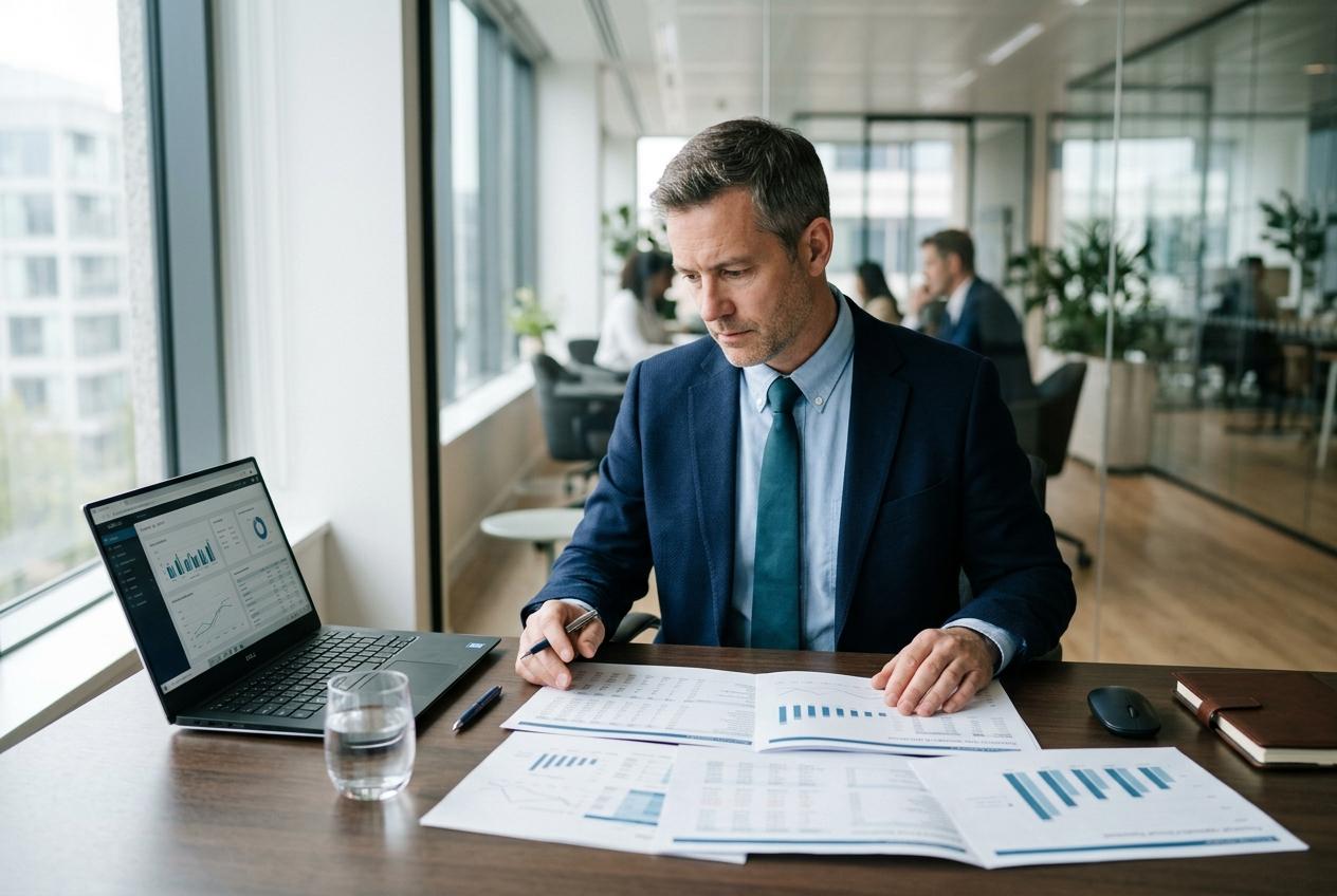 Finance controller reviewing subsidiary financial reports and a group summary