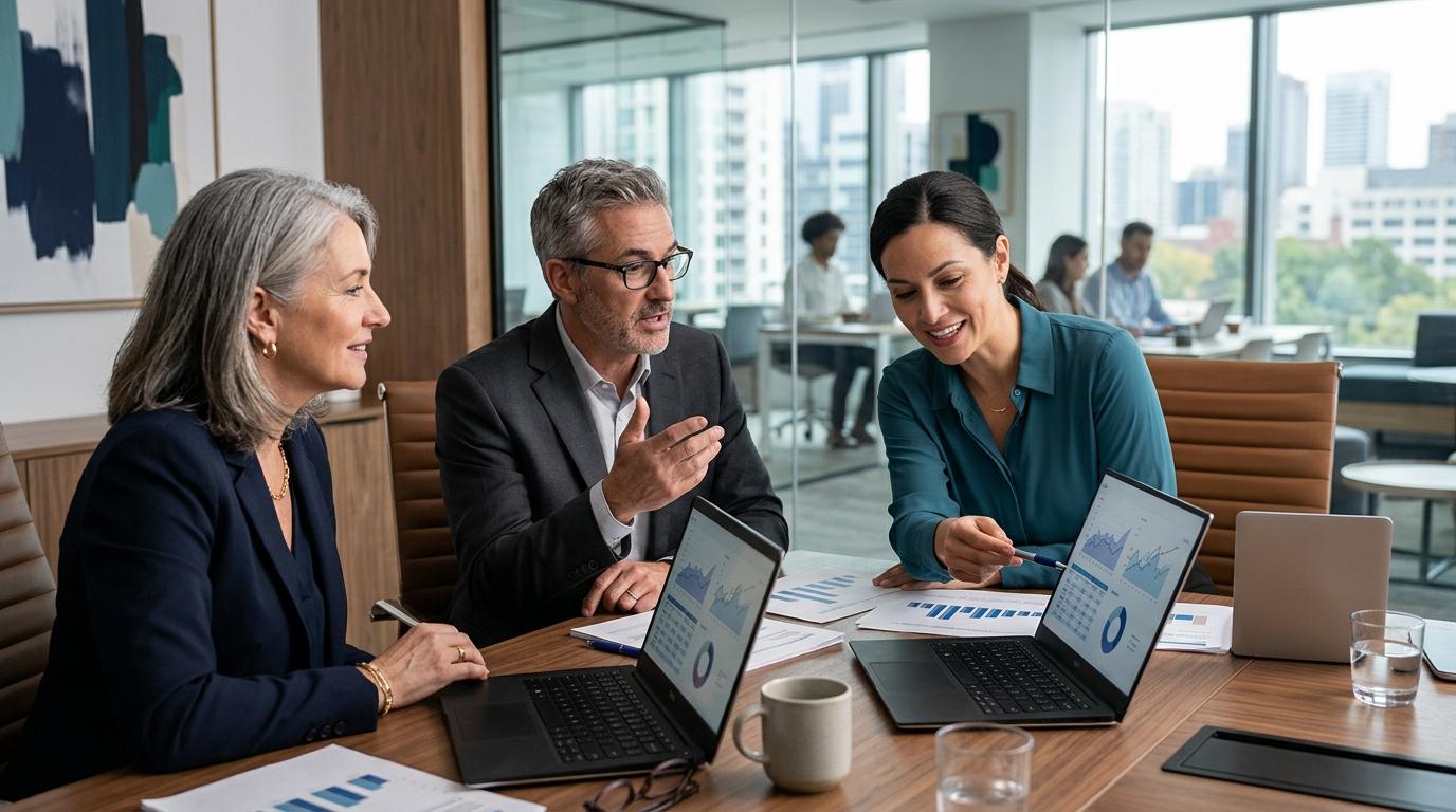 Finance leaders discussing current financial performance around a meeting table