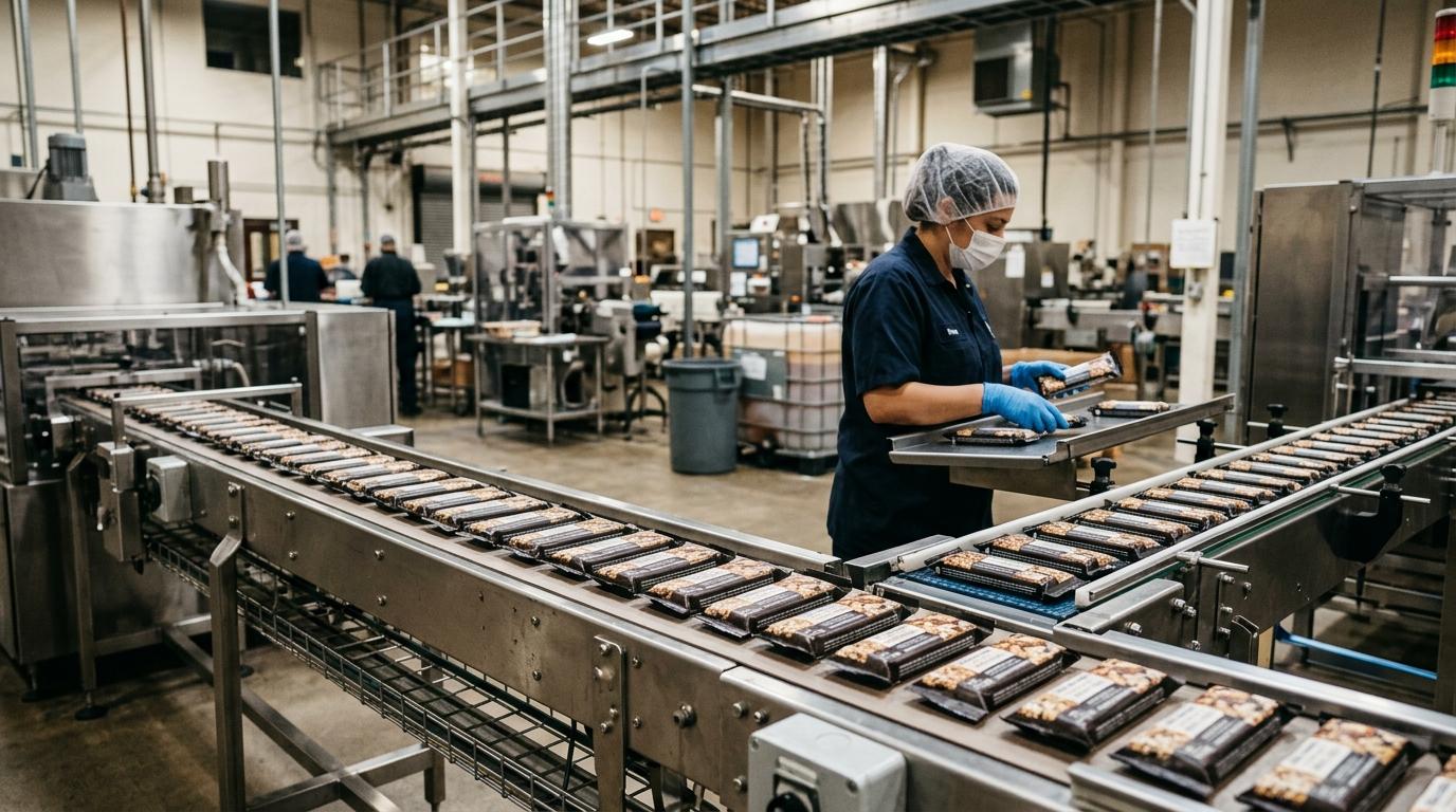Packaged food products moving along a production line in a food manufacturing facility